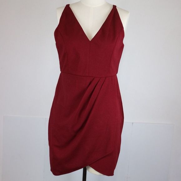 Manydress Crimson Red Asymmetrical V-Neck Full Form-Fitting Bodycon Dress L - Picture 2 of 9